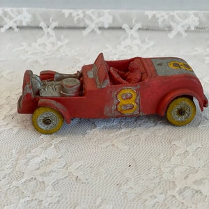 Vintage Auburn Car ~ #8 Race Car ~ Man inside ~ Red Rubber Car ~ 1950’s ~  Sold As Is ~ No Refunds