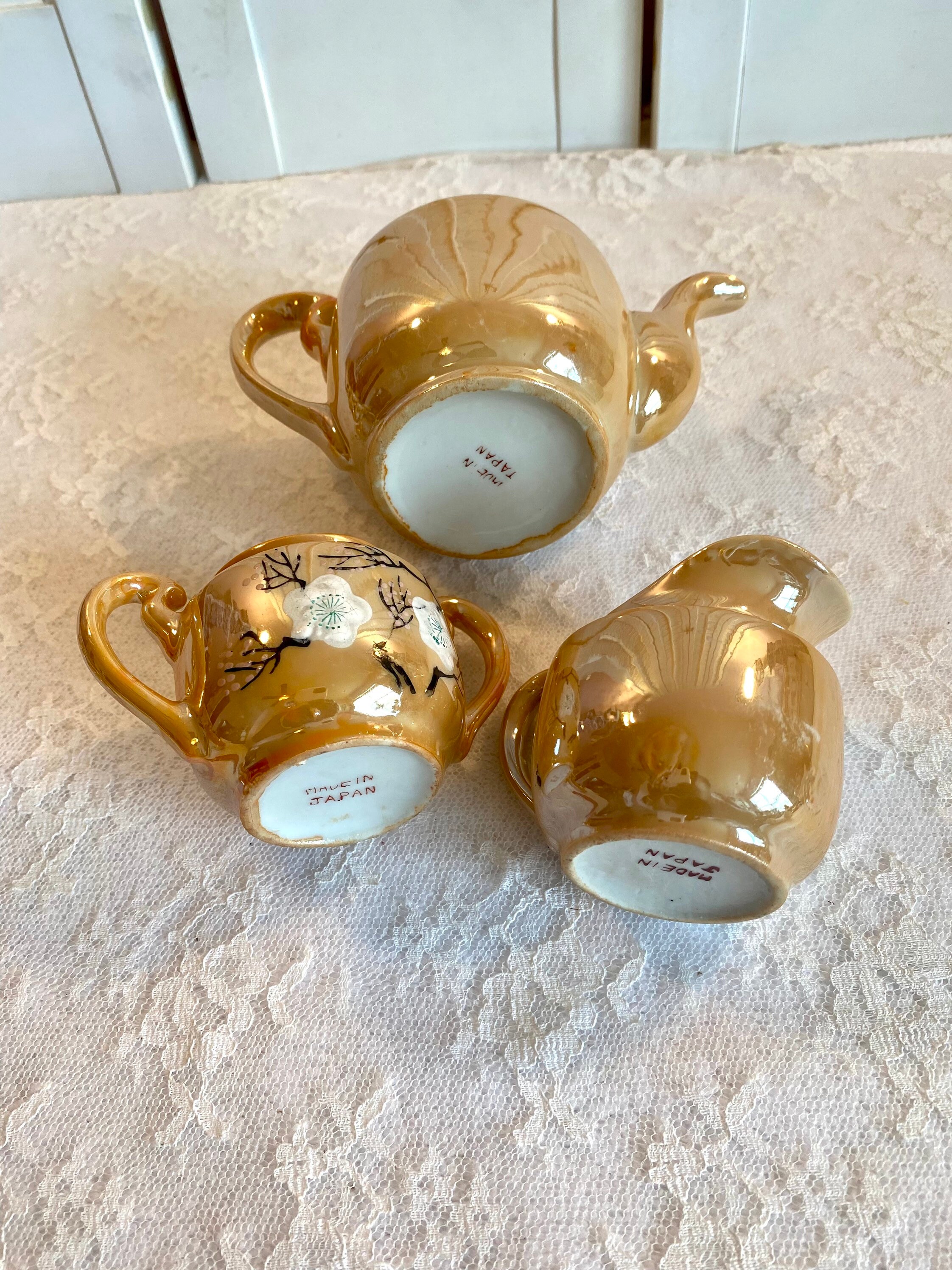 Vintage Lustreware Small Tea Set ~ 20 Pieces ~ Peach Black Vintage Lustreware Small Tea Set ~ 20 Pieces ~ Peach Black