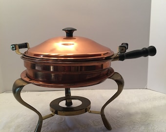 Copper Chafing Dish and Stand ~ Four Pieces ~ Copper Brass and Wood ~ Vintage