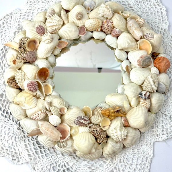 Vintage Seashell Mirror ~  Shell Mirror ~ Round shape~ 10 1/2” Shell area~ 4 3/4” mirror area ~ Coastal ~ Nautical ~ Beach ~ Boho ~ Bohemian