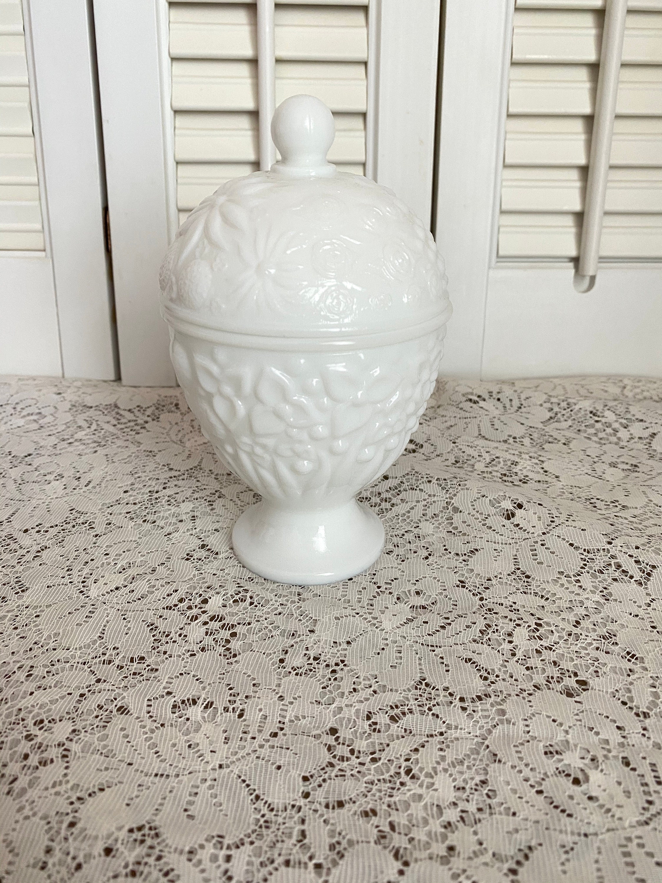 Vintage Avon Milk Glass Lidded Dish ~ Footed ~  Flowers and Leaves ~ Trinket Box ~ Candy Dish ~ 6 inches tall ~ Avon Candle holder