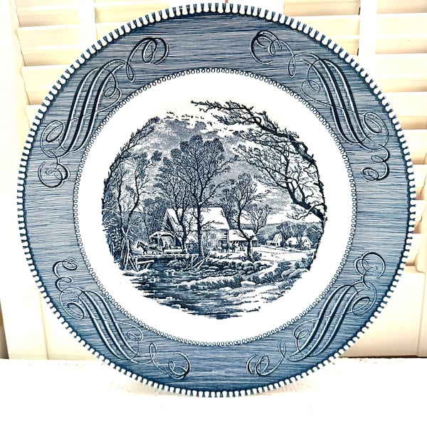 Vintage Currier and Ives Plate ~ The Old Grist Mill ~ Blue and White ~ Underglaze Print ~ Royal ~ Made in USA ~ 10” across