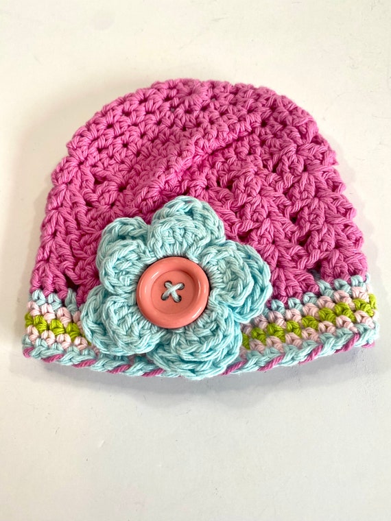 Vintage Baby Hat ~ Infant Hat ~ Pink and Blue Cro… - image 1