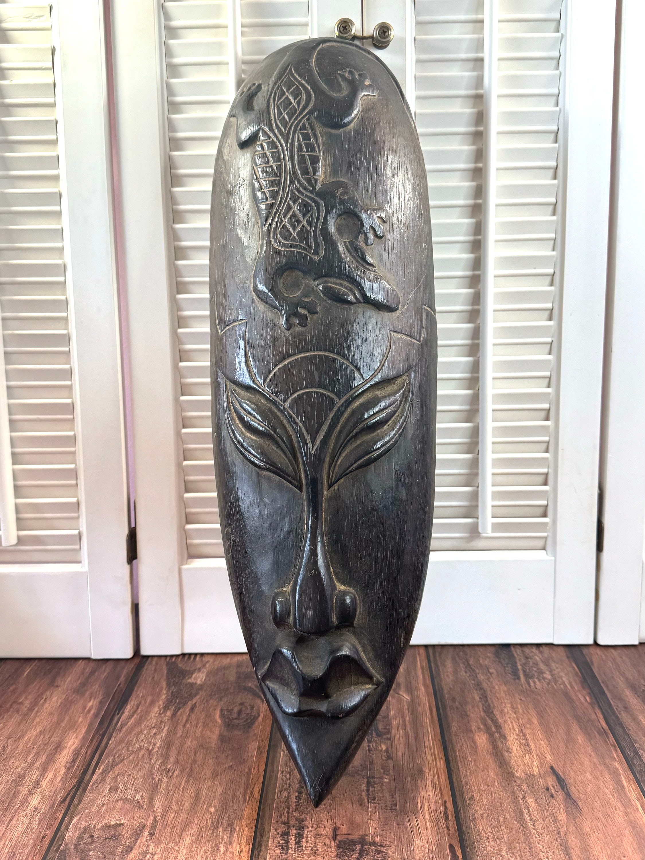 Vintage African Tribal Mask ~ Lizard and Face Carved into Black Wood ~ Carved Wooden Mask ~ 19" long