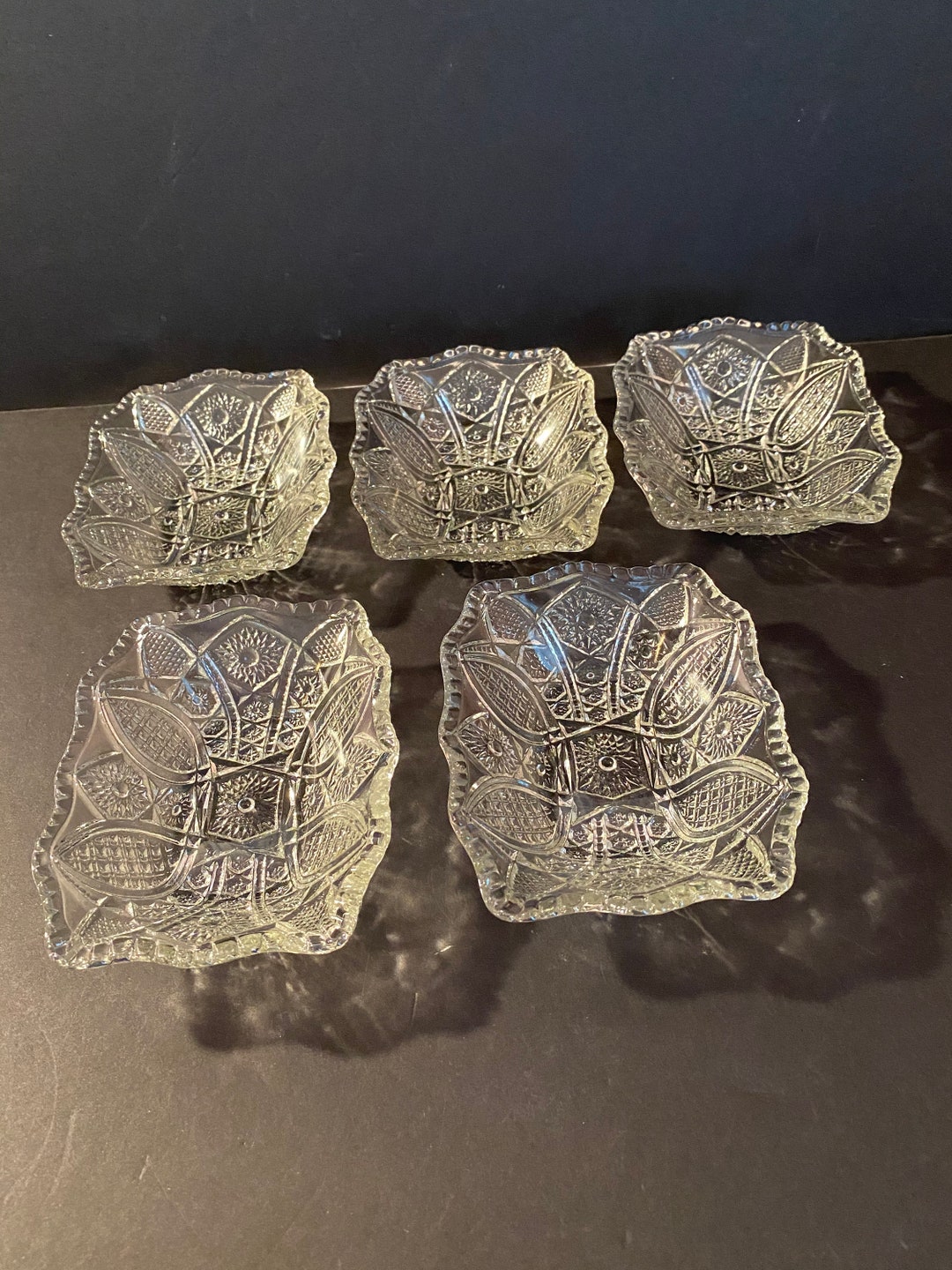 Vintage Pressed Glass Cut Design Glass Bowl Set of Five Etsy