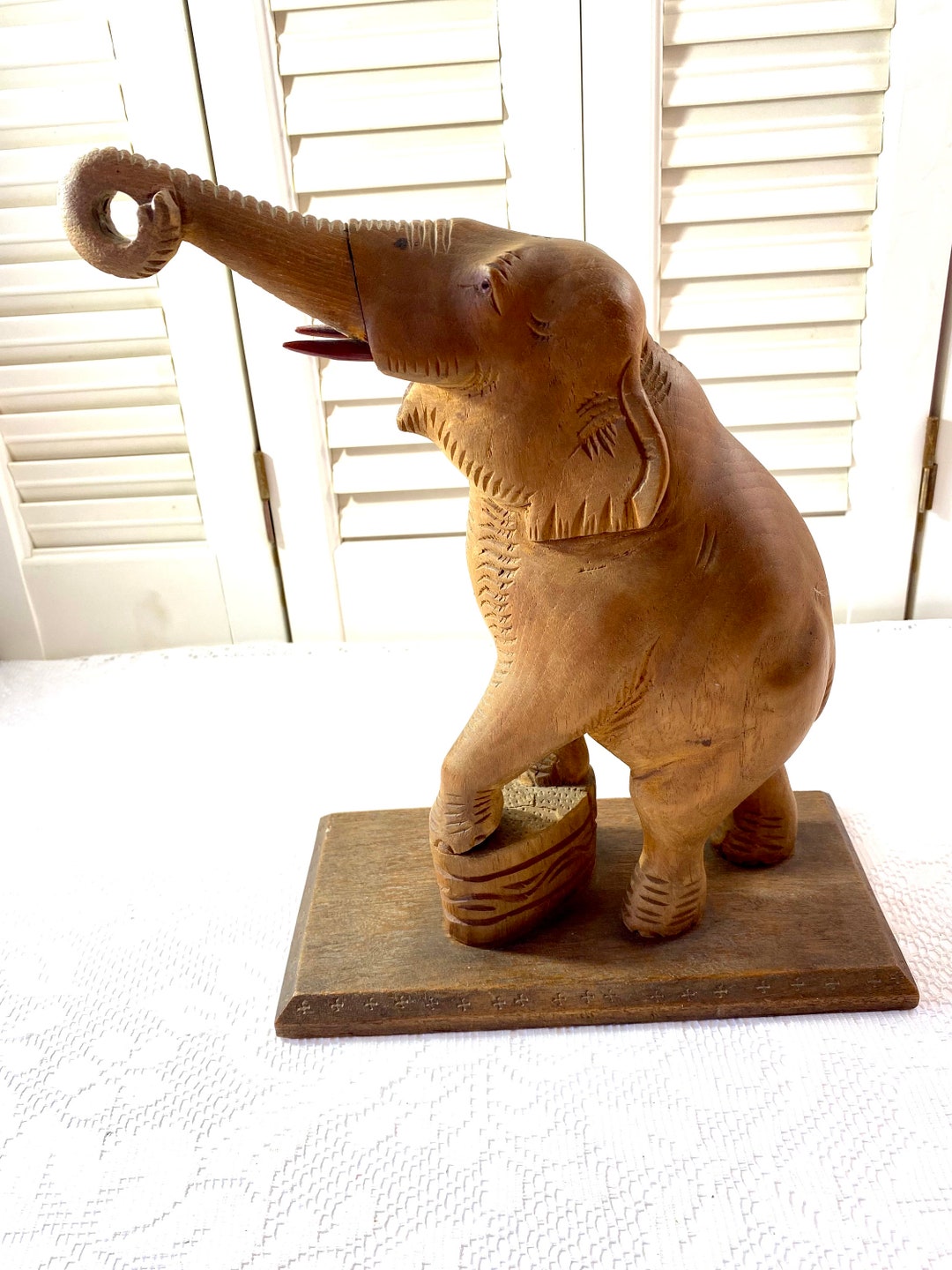 Vintage Carved Wooden Elephant Statue Elephant With Trunk Pointing up ...