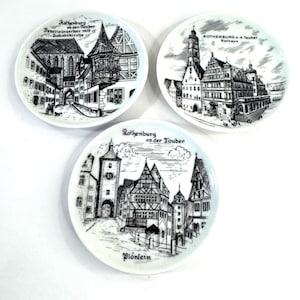 Vintage Rothenburg Germany Porcelain Coasters ~ Set of Three ~ Souvenir Coasters/Small Plates ~ Black & White ~ 4” across