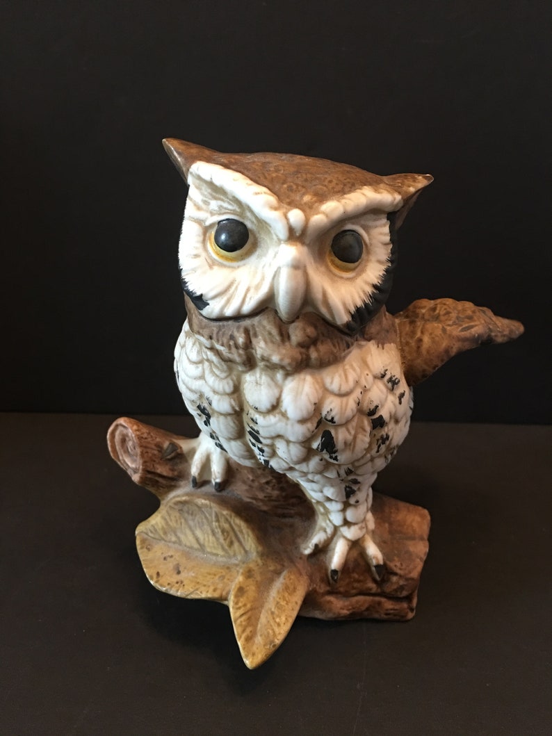 Vintage Homco Owl Figurine Brown and White Horned Owl Etsy