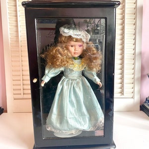 Vintage Ashley Belle Porcelain Doll in Glass and Wood Display Case Green Gown image 1