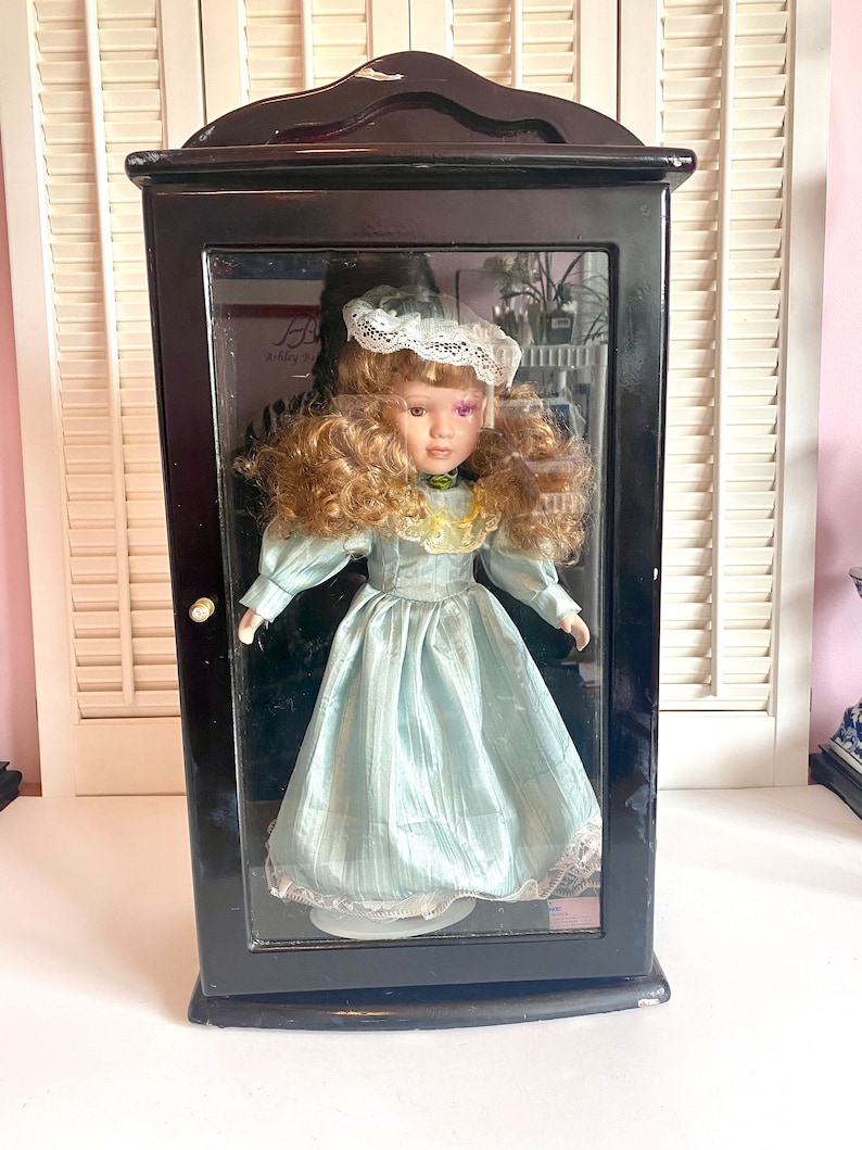 Vintage Ashley Belle Porcelain Doll in Glass and Wood Display Case Green Gown image 1