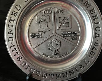 United States of America Bicentennial Plate ~1776 - 1976 ~ Pewter ~ Liberty Bell ~ The White Rose City ~ Farmhouse Decor ~ Vintage