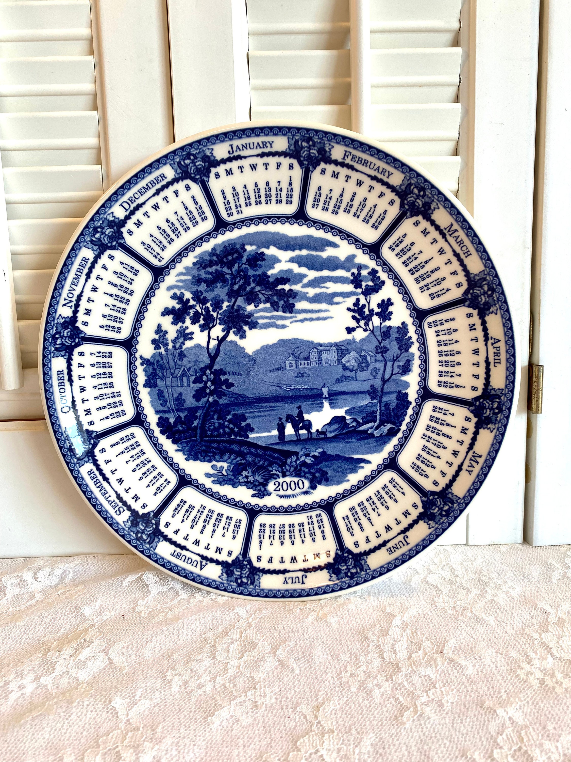 Vintage Wedgwood Blue Landscape Calendar Plate ~ Blue and