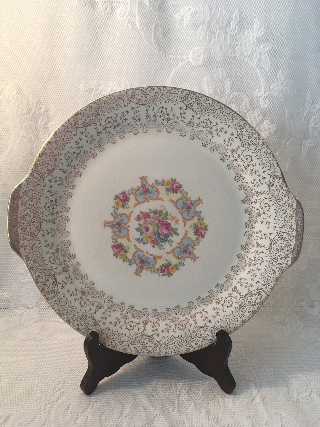 Vintage Vanity Fair Plates Cake Plate Has Crazing Approved by Mary Dunbar 22 Kt Gold Floral