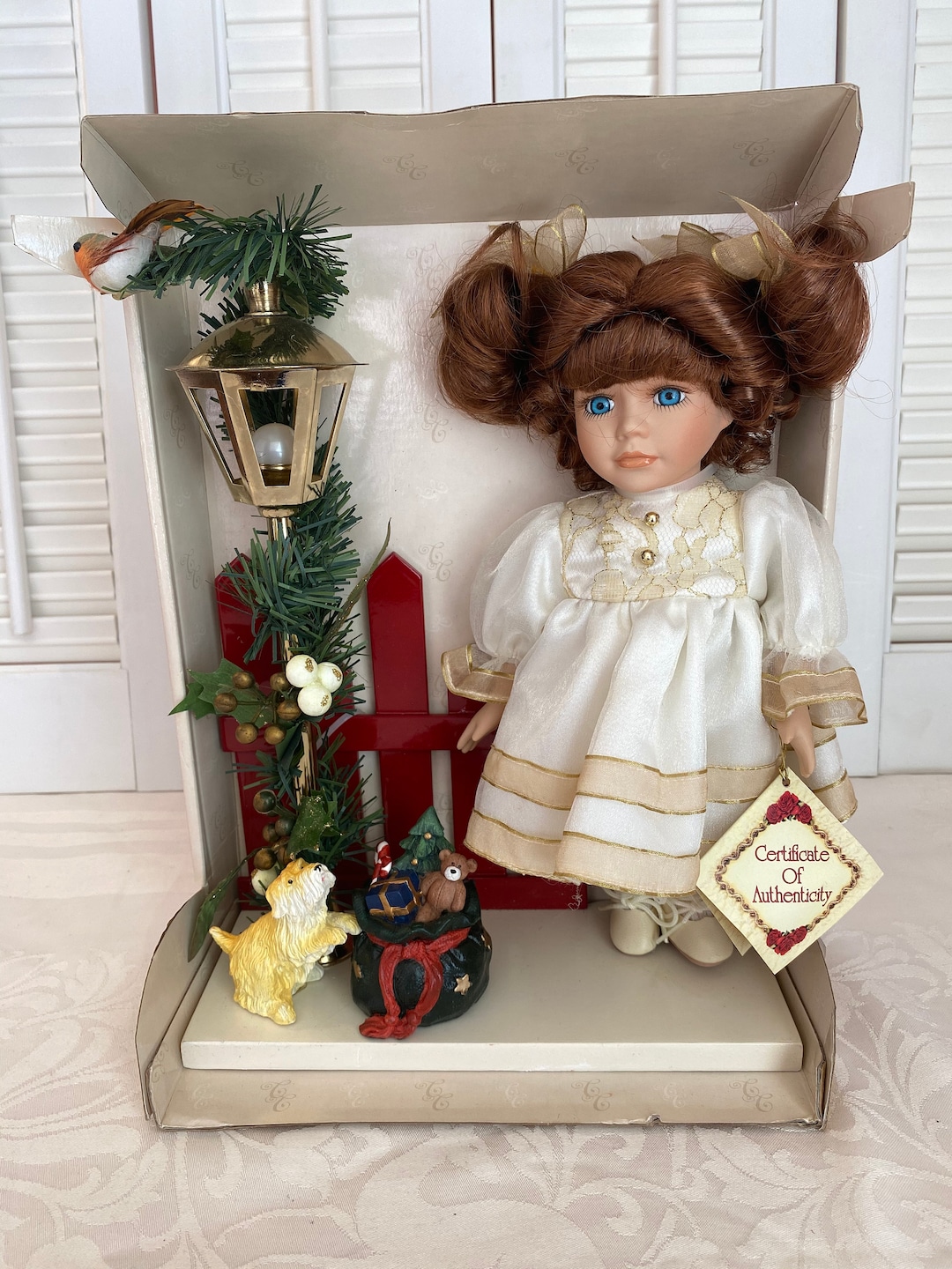 Vintage Collectors Choice Porcelain Doll With Dog and Light Pole