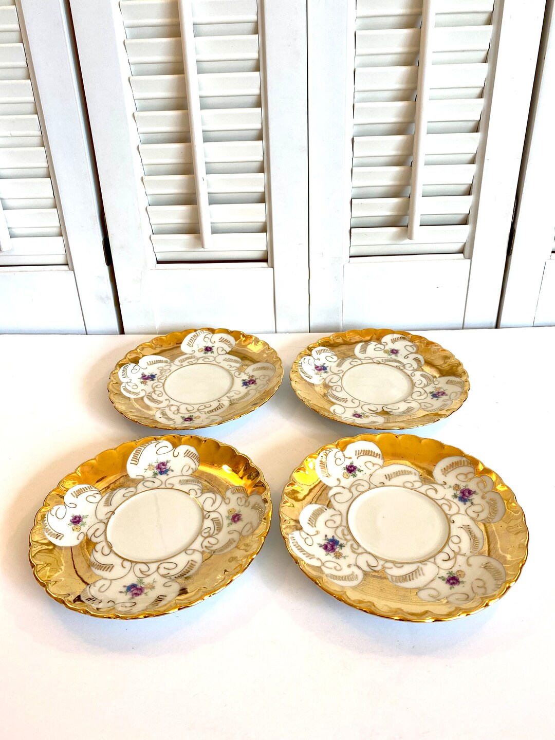 Vintage Gold and White Saucer Plates Flower Design 5 1/2 Etsy