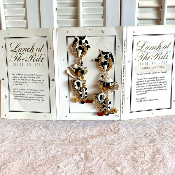 Vintage Lunch at the Ritz Earrings ~ Rhinestone Rodeo ~ Clip-On Earrings ~ Dated 1993 ~ On display card ~ Designer Earrings