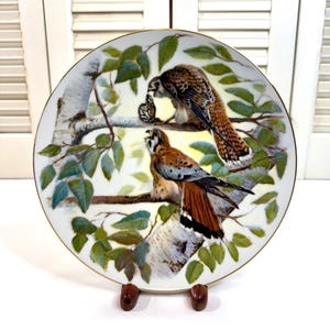May include: A decorative plate featuring a detailed painting of two birds of prey perched on a tree branch with green leaves. The birds have brown and white feathers, and a butterfly is between them. The plate has a gold rim and is displayed on a wooden stand.