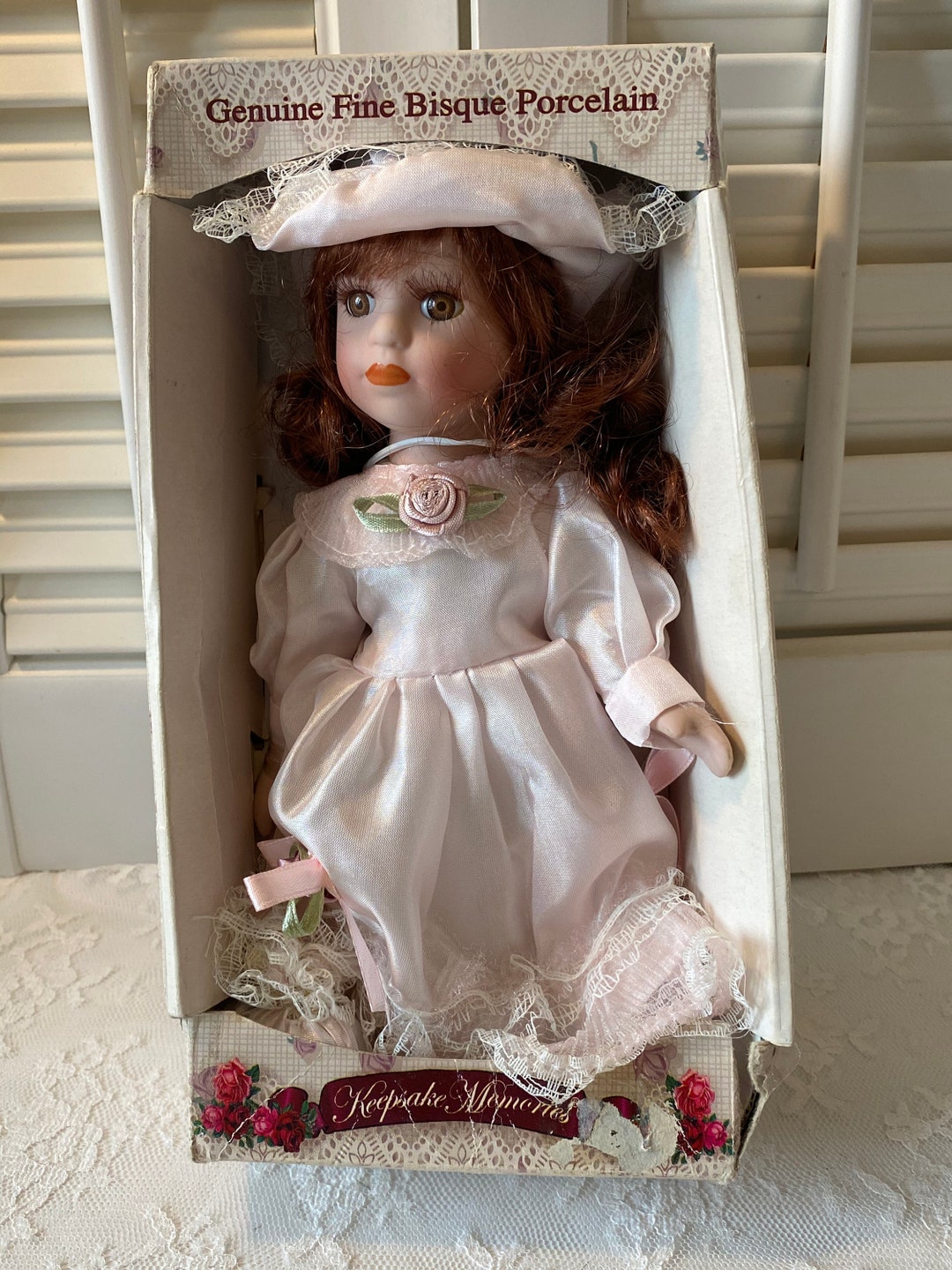 Vintage Porcelain Doll Keepsake Memories Genuine Fine Bisque Porcelain  off White Dress and Hat Includes Box 8” High