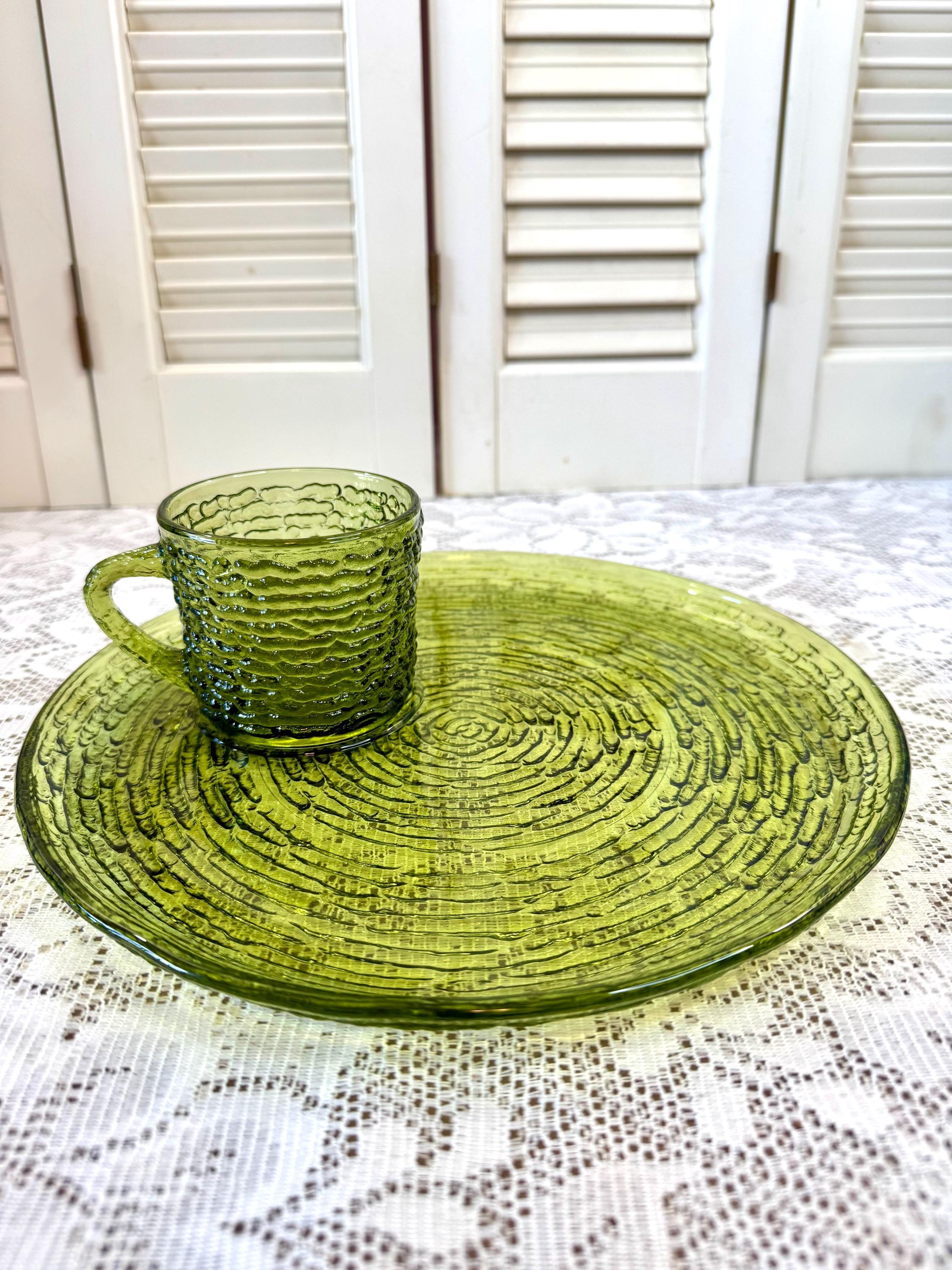 Vintage Anchor Hocking Soreno Avocado Green Snack Plate and Cup
