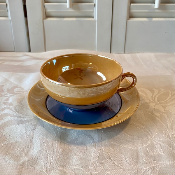 Vintage Lustreware Teacup and Saucer ~ Blue and Orange ~ Made in Japan ~ Cup and Plate