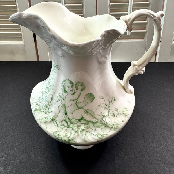 Antique Verus Porcelain Pitcher ~ Oliver China Company ~ Circa 1908 ~ 7 1/2” high *Repair on handle & hairline crack at sprout