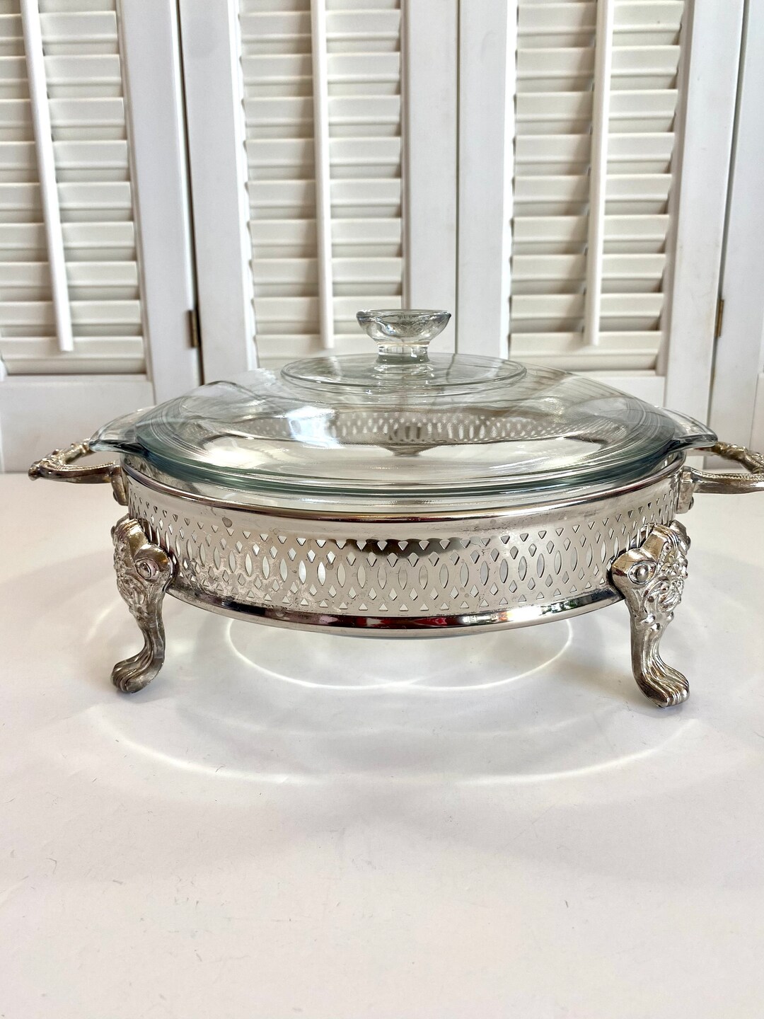 Vintage Anchor Hocking Glass Casserole Dish Bowl With Lid & Silver Tone