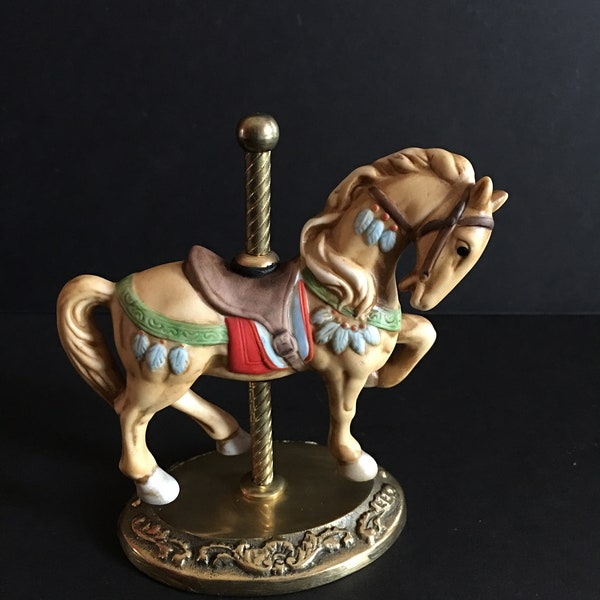 Porcelain Horse Figurine ~ Carousel Horse ~ Galloping Horse ~ Tan Horse Brown Saddle ~ Brass Stand ~ Collectible ~ Vintage
