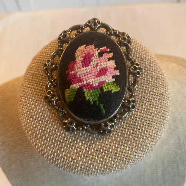 Vintage Needlepoint Brooch or Pendant ~ Handcrafted ~ Pink and Black ~ Dark Silver tone  finish ~ Costume Jewelry ~ Collectible