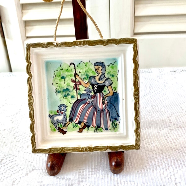 Vintage Porcelain Picture ~ Lady with Sheep ~ Made in Japan ~ 4”x4” ~ Small picture ~ Chip on top edge