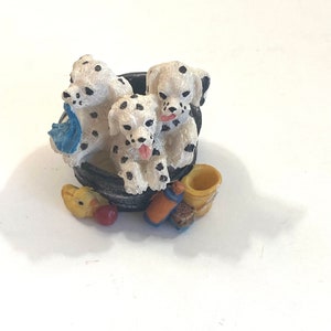 Vintage Dalmatian Dogs Figurine ~ Three Dogs In A Tub ~ 1  1/4” tall ~ White with Black Spots Firehouse Dogs