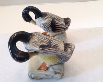Vintage Duck Geese Mallard Figurine Set of Two ~ White Base ~ Made in Japan