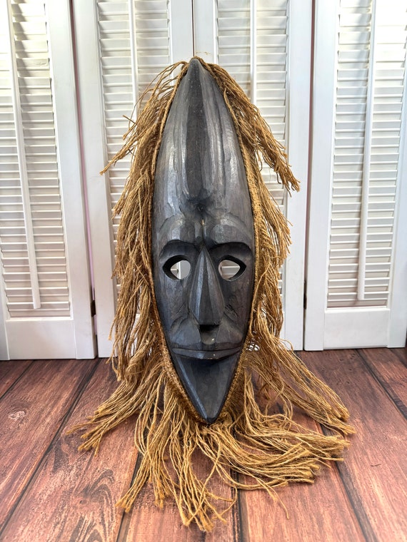 Vintage Indonesia Carved Mask ~ Wood and Jute ~ 27