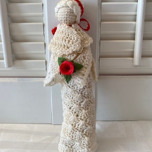 Vintage Crocheted Ornament ~ Starched Ornament ~ White with Red Rose ~ Victorian Lady