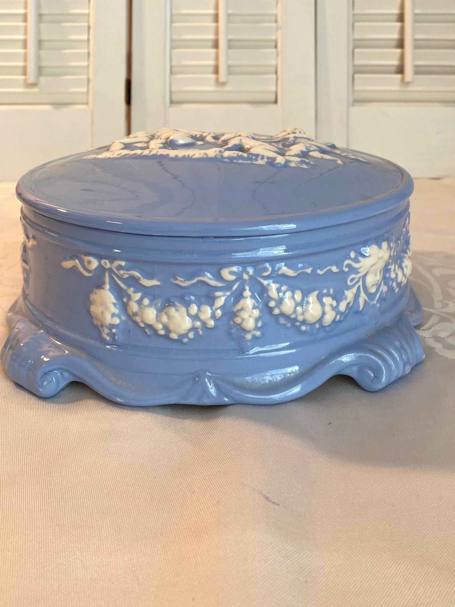 Vintage Ceramic Box With Lid Blue and White Embossed Etsy