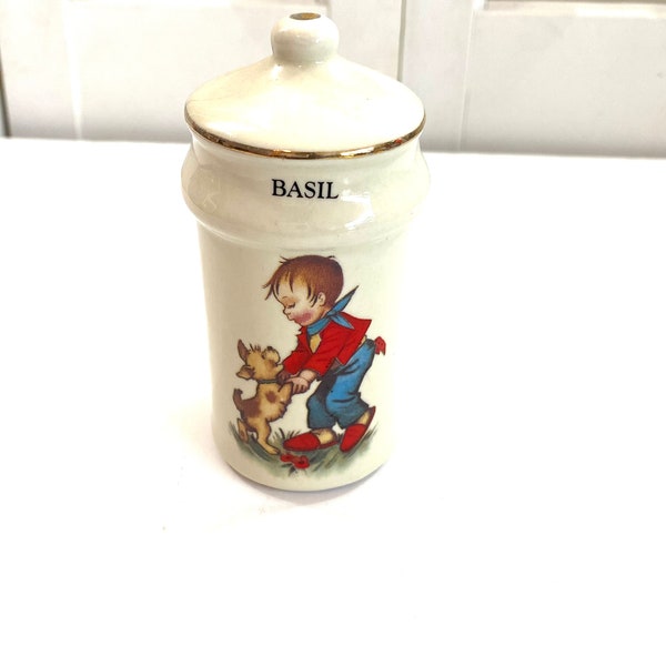 Vintage Spice Container ~ Basil ~ Hummel Style Ceramic Spice Shaker ~ JSNY Taiwan ~ 4” high