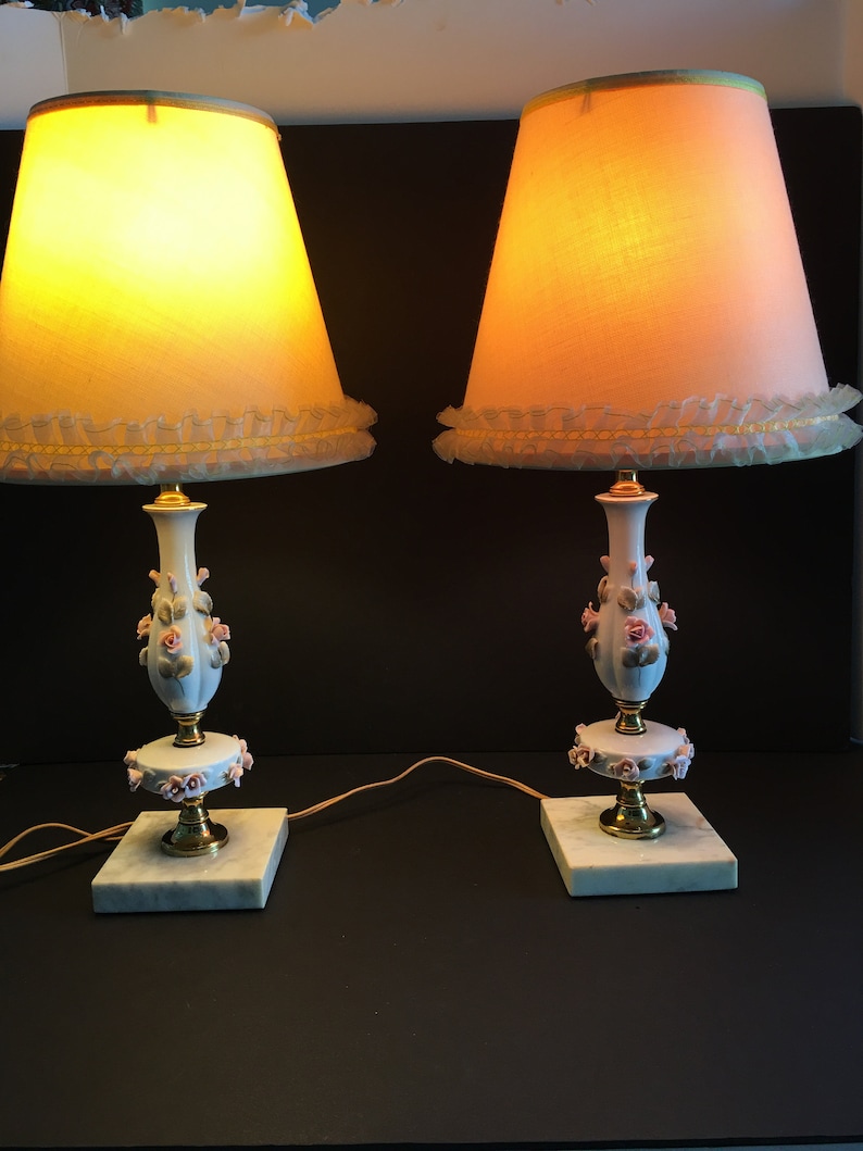Vintage Roses Lamps ~ Marble Base ~ Set of Two Lamps ~ Pink Roses ~ Electric Lamps ~ Lamps Only ~ No Shades