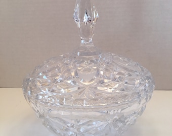 Crystal Dish ~ Covered Candy Dish ~ Ovals with Frosted Edges ~  Stars Sunburst~ Virginia Vintage