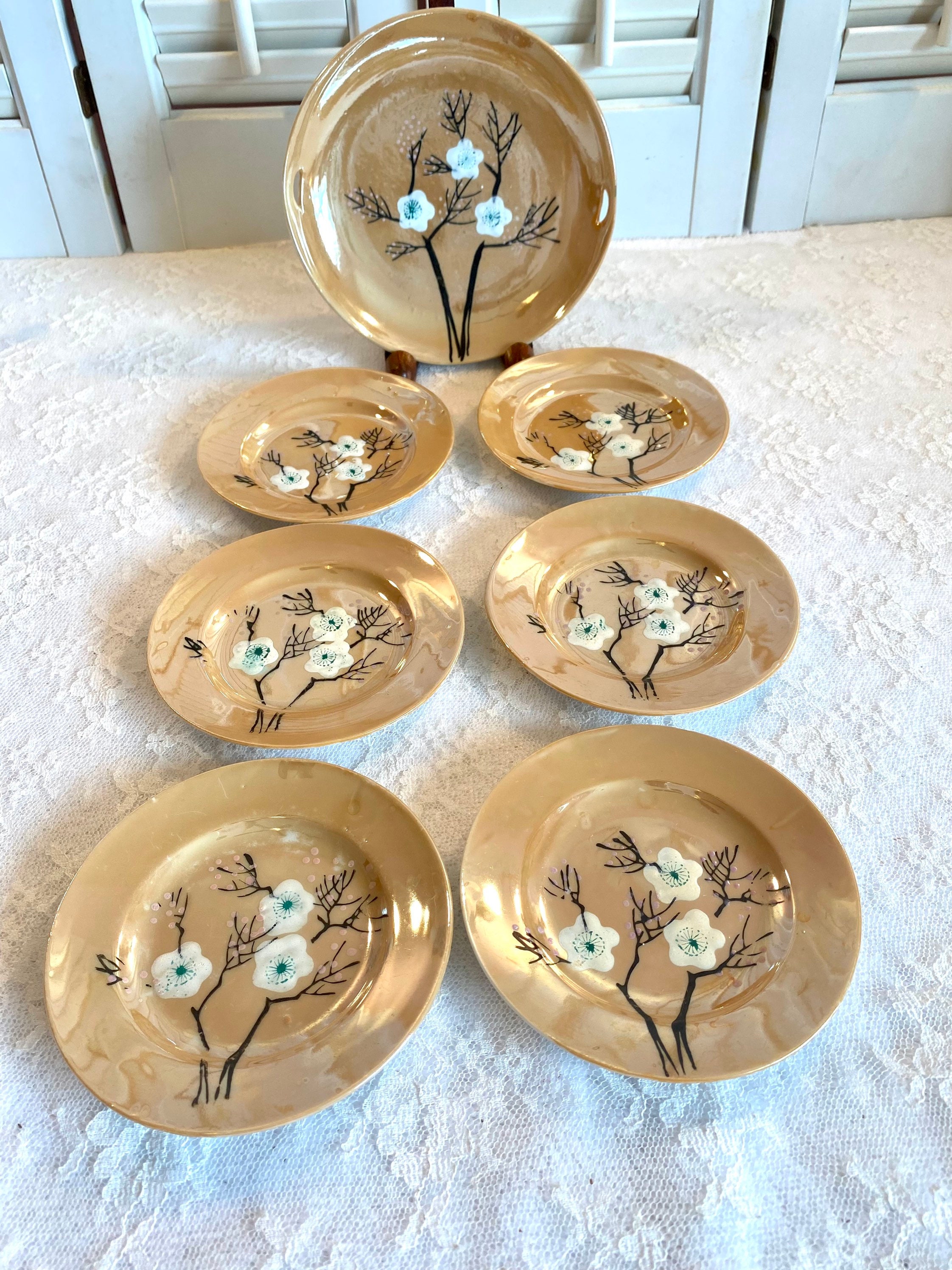 Vintage Lustreware Small Tea Set ~ 20 Pieces ~ Peach Black Vintage Lustreware Small Tea Set ~ 20 Pieces ~ Peach Black