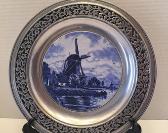 Vintage Collectible Pewter and Ceramic Lighthouse Plate ~ Marked Canton Ohio