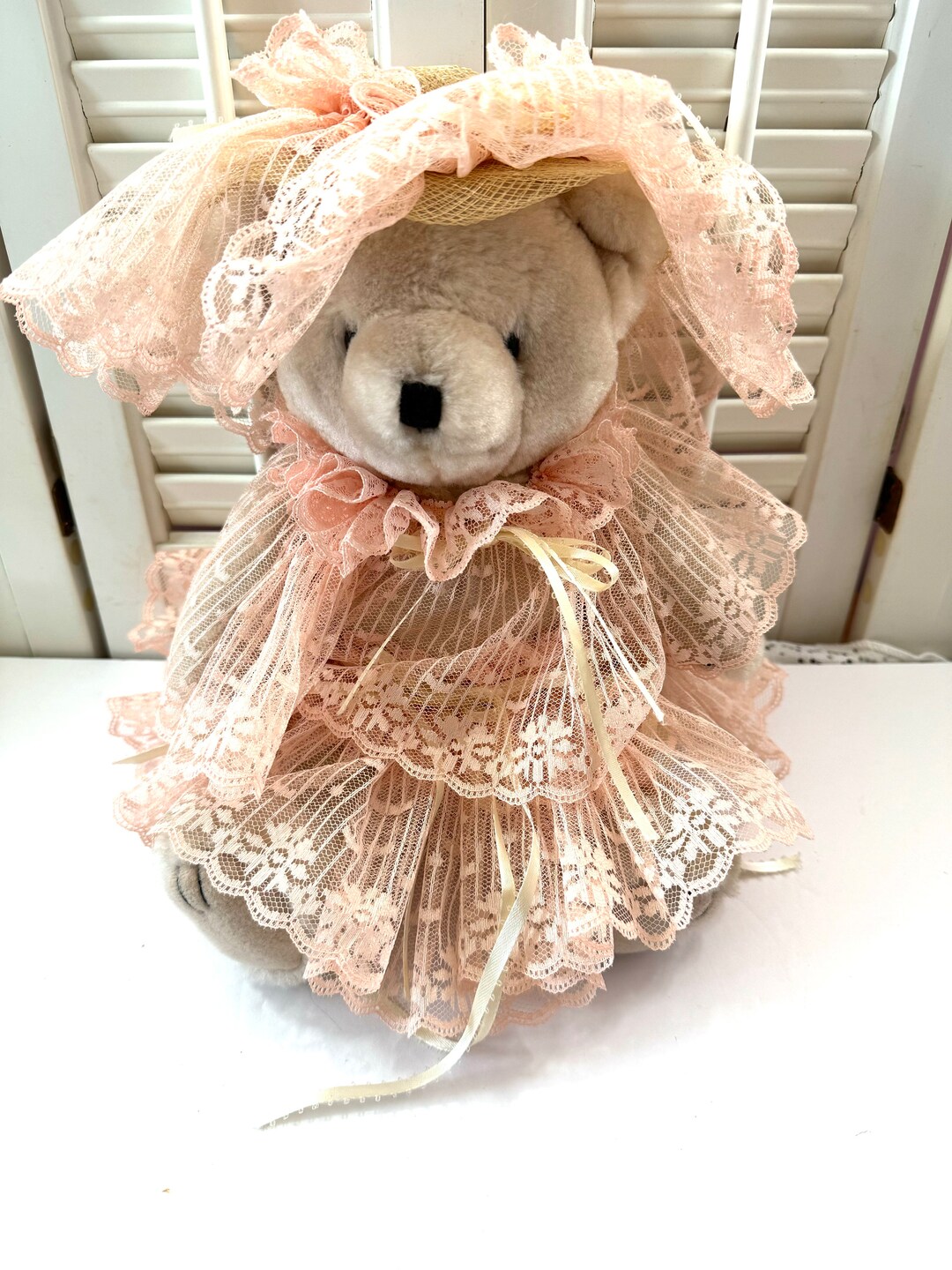 Vintage Bear Dressed in Pink Lace With off White Ribbons