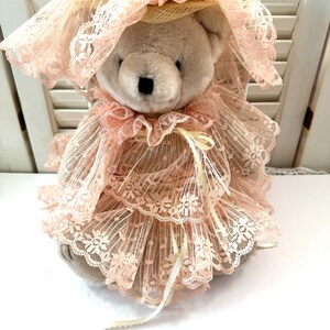 Vintage Bear Dressed in Pink Lace With off White Ribbons Dress and