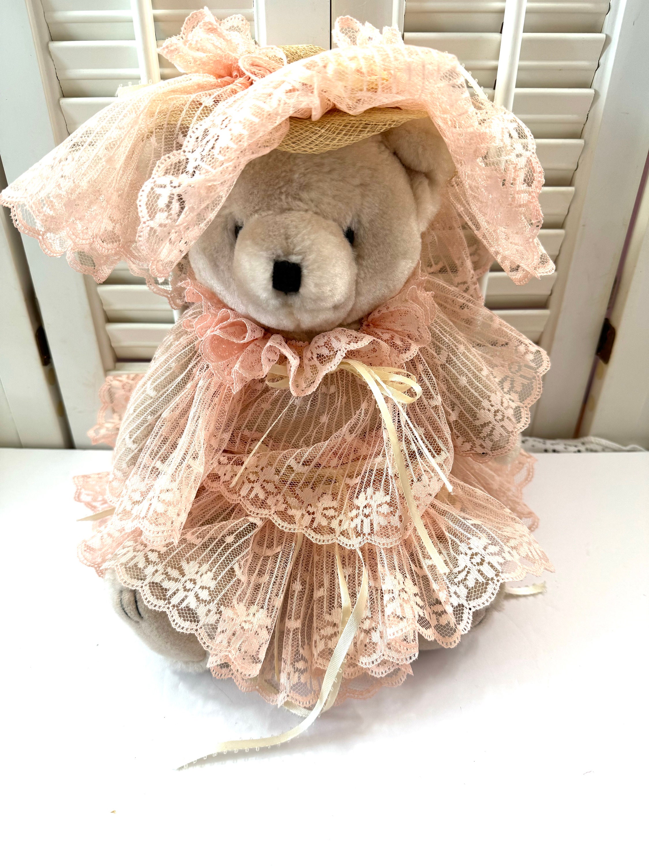 Vintage Bear Dressed in Pink Lace With off White Ribbons Dress and