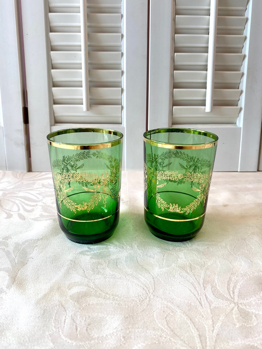 Vintage Drinking Glass Small Glass Two Green and Gold Etsy