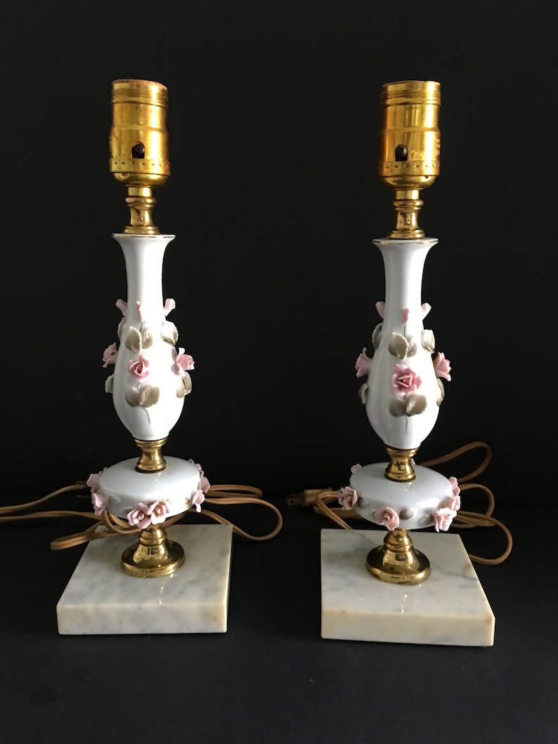 Vintage Roses Lamps ~ Marble Base ~ Set of Two Lamps ~ Pink Roses ~ Electric Lamps ~ Lamps Only ~ No Shades