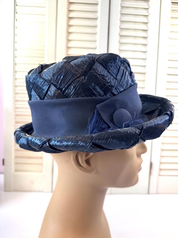 Vintage woven blue womens ribbon and button fedora s-l400.jpg main image 3