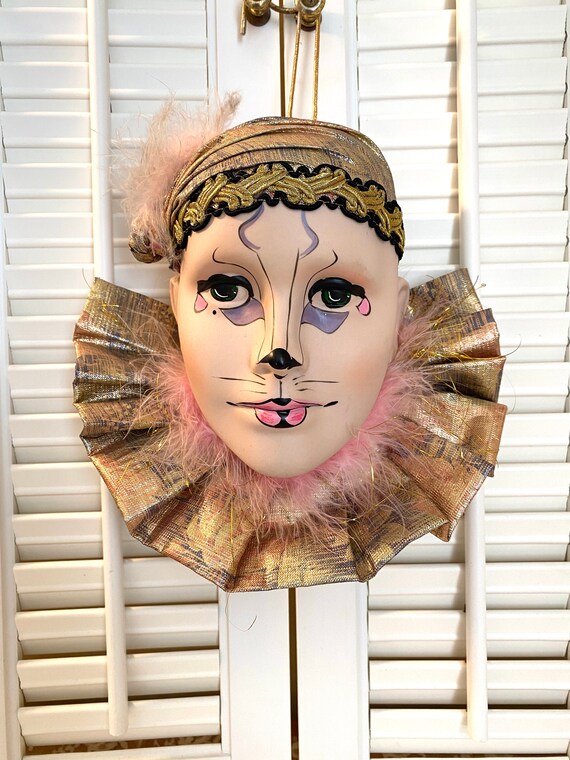 Vintage Ceramic Mask Gold and Pink Wall Decor C… Gem