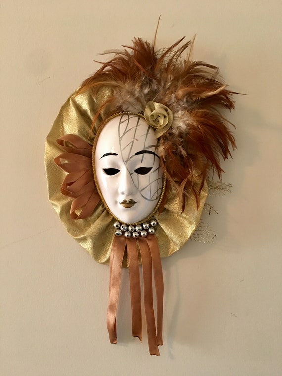 Vintage Seizan Ceramic Mask ~ Made in Taiwan ~ Gold and