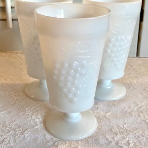 Vintage Milk Glass Tumblers/Glasses ~ Set of Three ~ Grapes and Leaves Design ~ 5 3/4” high