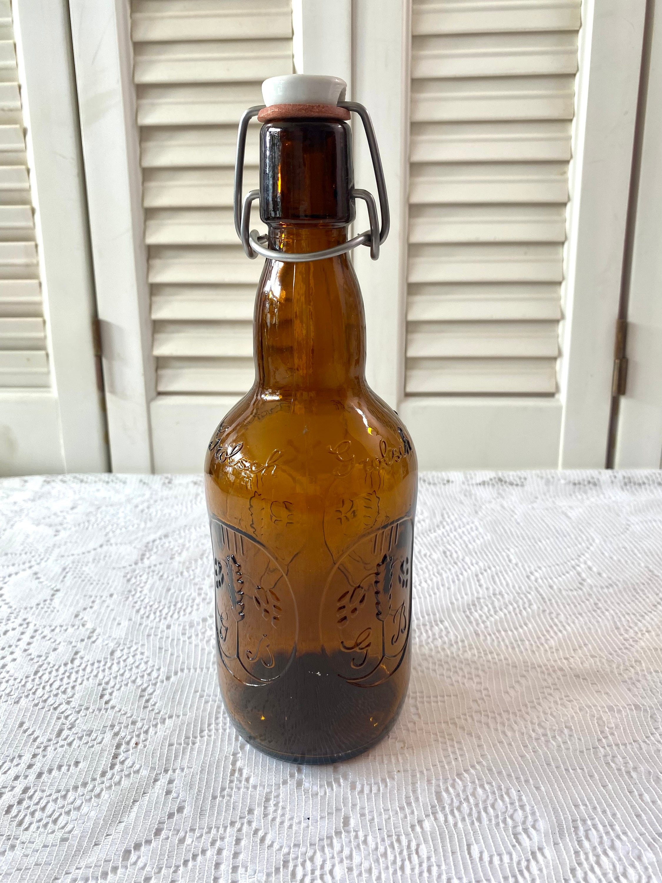 Vintage Grolsch Brown Amber Bottle ~ Embossed Glass ~ Porcelain