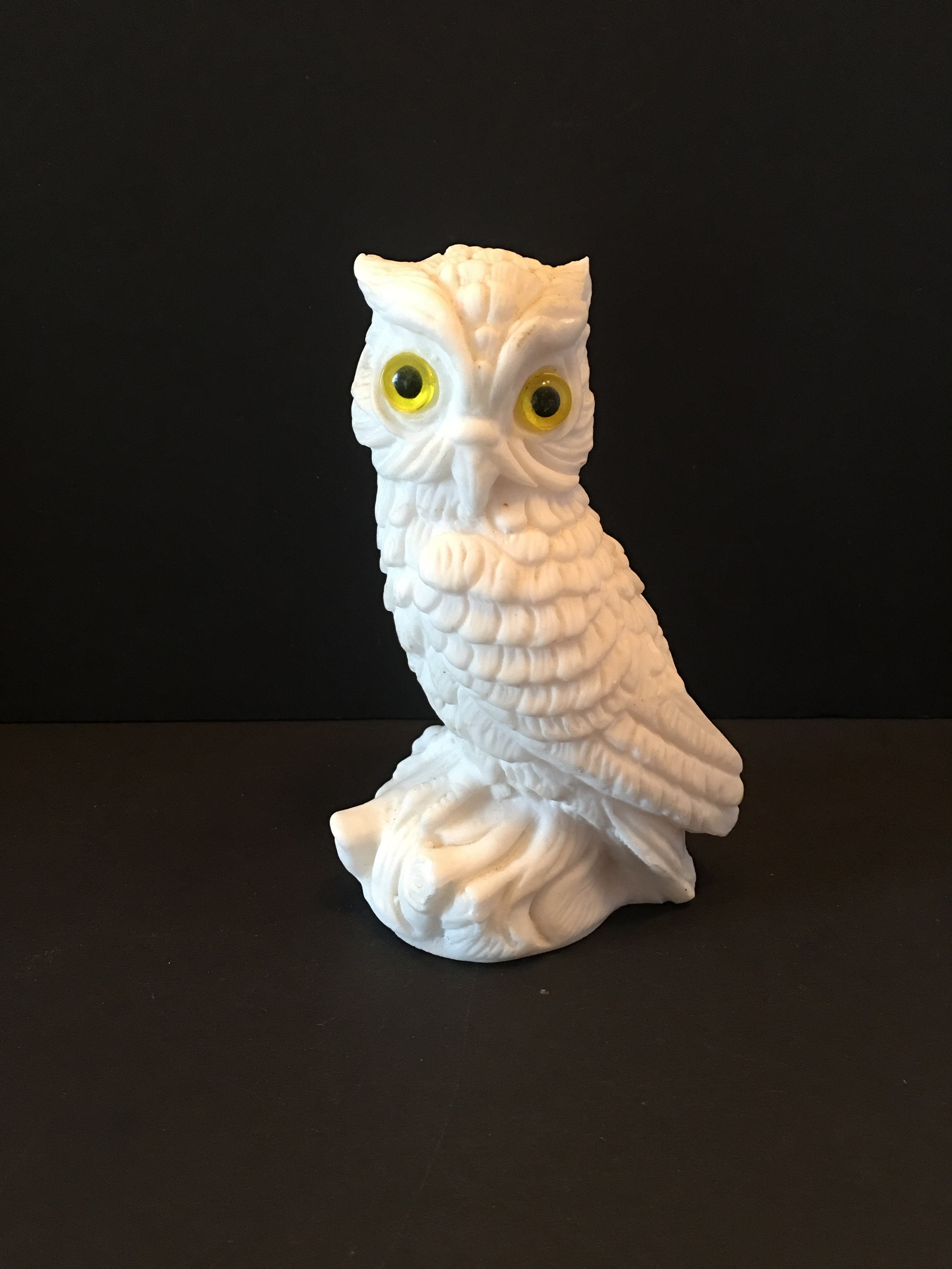 Vintage Owl Figurine ~ Alabaster ~ Horned Owl ~ White With Yellow